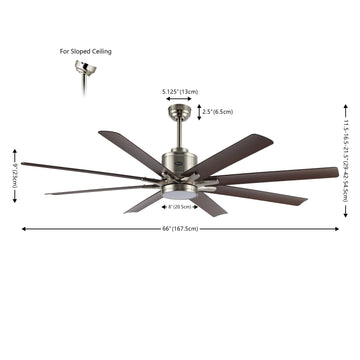 Octo 66" Contemporary Industrial Iron/Plastic Mobile-App/Remote-Controlled 6-Speed Ceiling Fan with Integrated LED Light
